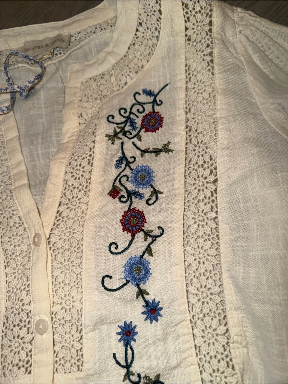 Jennifer & Grace Embroidered Boho Cotton Blouse – Ivory – Size Medium – NWT - Picture 5 of 6
